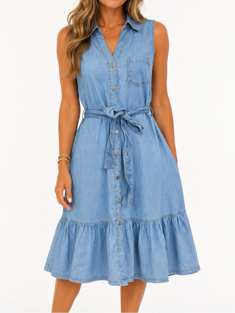 DKNY Chambray Shirt Dress Belted Button Front Ruffle Hem NWT Size 14